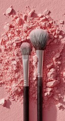Pink eyeshadow powder with makeup brushes