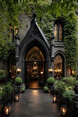 Gothic entryway to a historic building. Lush greenery, dark facade, and warm lighting
