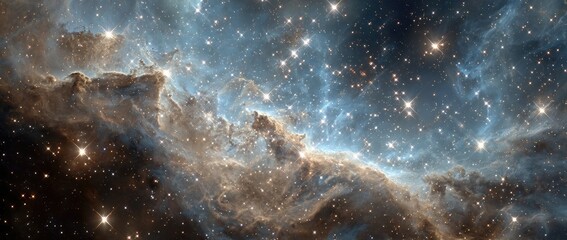 Vast cosmic nebula with swirling clouds of gas and stardust, studded with distant stars