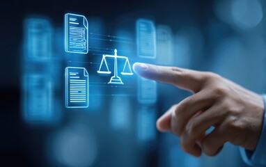 Hand interacting with digital legal documents and scales of justice