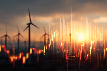 Wind turbines at sunset overlaid with stock market charts