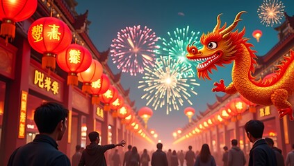 Fototapeta premium Traditional red lanterns and golden dragon dancing with fireworks in the sky, symbolizing Lunar New Year celebration in China.