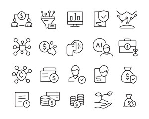 Set of  outline icons related to fintech. Linear icon collection