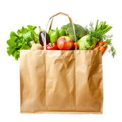 Brown paper grocery bag filled with fresh produce.  Apples, peppers, carrots, and leafy greens are visible