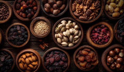 Assorted dried fruits and nuts in small wooden bowls