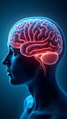 Obraz premium Digital illustration of a human brain glowing red with highlighted neural pathways, symbolizing migraine headache and neurological pain, set against a medical blue background.