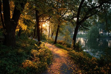 Fototapeta premium Autumn park path bathed in golden sunlight (1)