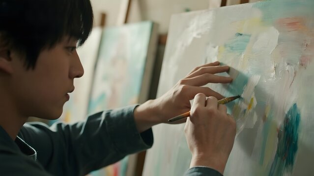 Artist meticulously applying paint to a canvas in a studio setting