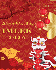 A festive Chinese New Year 2026 greeting card featuring a lion dance, red lanterns, and a golden lotus on a red background.
