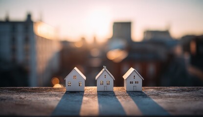 Miniature houses on a rooftop at sunset, city backdrop
