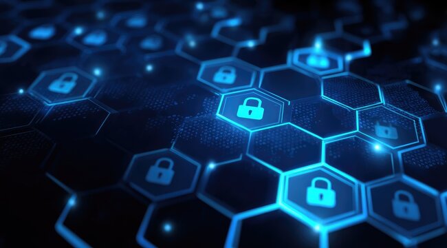 Abstract digital network with glowing hexagons and lock icons - Powered by Adobe