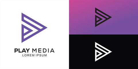 Play button for media app logo design with initial letter p line logo. Streaming service app Logotype. Multimedia player icon design element for Music and movie start sign, audio and video editor logo