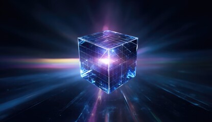 A glowing, translucent cube with digital lines, set against a dark background with streaks of light