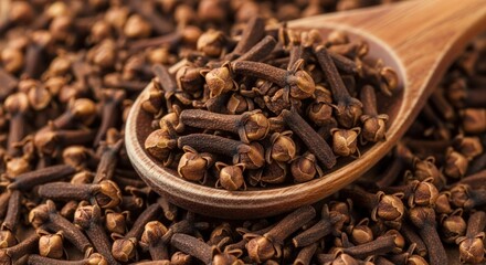 Obraz premium Grade A of Indonesian cloves on wooden spoon, high quality