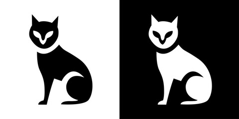 Minimalist black cat logo design in black and white silhouette vector style sitting feline illustration