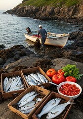 Obraz premium Fresh catch of the day displayed with ripe tomatoes and herbs near a fisherman's boat on the shore