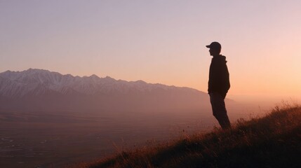 Obraz premium A person stands on a hill, silhouetted against a vibrant sunset. The distant mountains and golden sky create a tranquil atmosphere, capturing a moment of reflection.