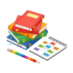 Stack of colorful books and open notebook with rainbow pen for education and learning transparent background