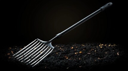 A dark, close-up shot of a gardening cultivator tines in rich soil