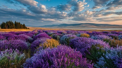 Obraz premium Lavender field with trees and mountains under a cloudy sky at dusk.