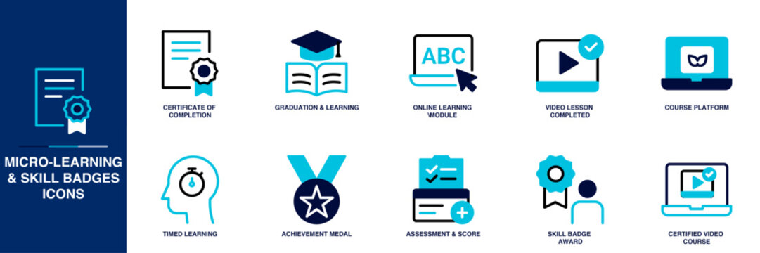 Micro-learning and Skill Badges Blue Colored Outline Icon Set