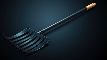 Black garden rake on dark background