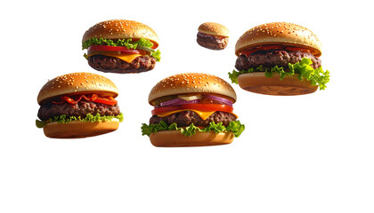 Grill burger, ultra-realistic 3D burgers falling through the air, showcasing a collection of grilled meat. Isolated on transparent background