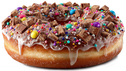 A chocolate donut with sprinkles and marshmallows on top