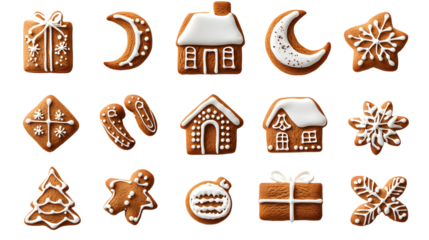 Gingerbread christmas cookies set. Delicious house present box moon ginger man. isolated on a transparent background