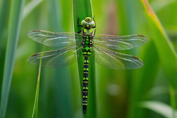 A dragonfly rests on a green leaf featuring a detailed view of its body and wings against a green background