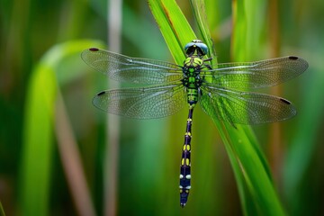 Dragonfly clings to a leaf showcasing green and blue body and intricate wing patterns