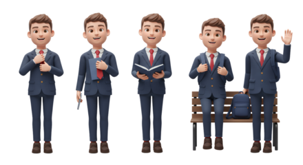 Five young businessmen in suits pose differently holding books and backpacks Businessman Red Tie Male transparent background