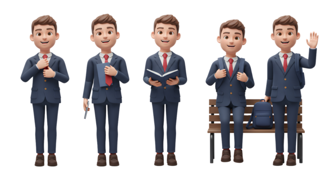 Five young businessmen in suits pose differently holding books and backpacks Businessman Red Tie Male transparent background