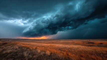 Fototapeta premium Shelf Cloud Over Golden Prairie at Sunset with Dramatic Storm Sky and Heavy Rainfall