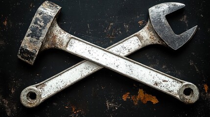 Two rusty adjustable wrenches crossed on a dark metal surface