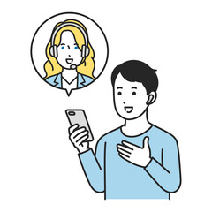 スマホでオンライン英会話を受講する男性生徒のイラスト