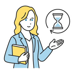 オンライン英会話 時間無制限を表す砂時計と英語教師のイラスト