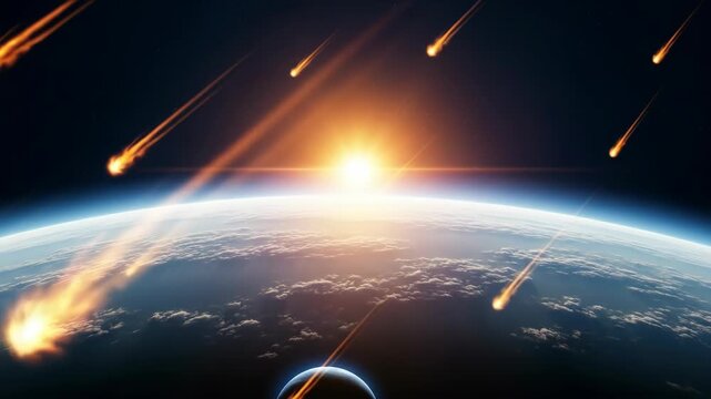 Fiery meteors streaking across the sky towards Earth's horizon during sunrise.