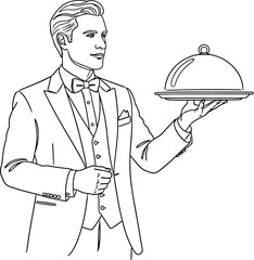 Illustration of elegant waiter serving food on tray outline drawing vector