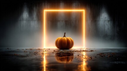 Minimal halloween poster orange square with glowing neon pumpkin outline modern clean geometric spooky vibe