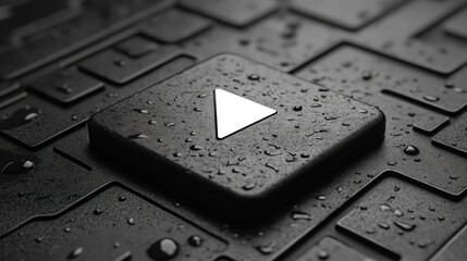 Close-up of a black play button on a dark grid