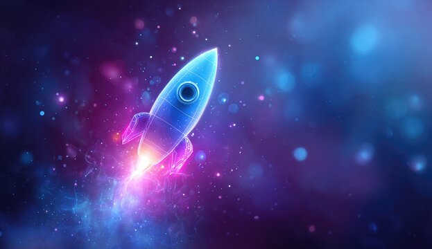 A vibrant, stylized rocket ship launches into a nebula of purple and blue light