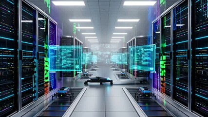 Futuristic Data Center with Rows of Servers and Advanced Monitoring Systems - Powered by Adobe