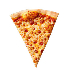 Close-up pizza slice, triangle shape, topped with melted cheese and tomato sauce