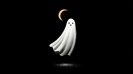 Minimal halloween wallpaper black background thin crescent moon white ghost outline floating clean elegant spooky style
