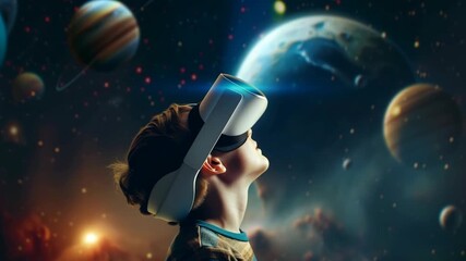 Child boy wearing virtual reality headset and looking solar system with sun and planets. Technology concept. - Powered by Adobe