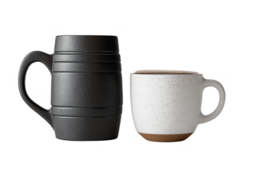 Two ceramic mugs a large black textured mug and a smaller white coffee cup with rustic base transparent background