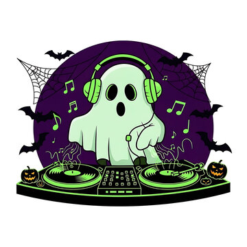 Cute ghost dj with headphones and turntables at a halloween party