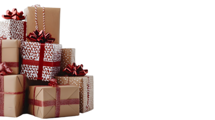 Pile of Christmas gift boxes isolated on a transparent background