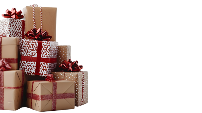 Pile of Christmas gift boxes isolated on a transparent background